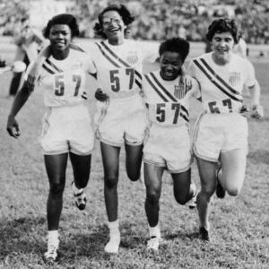 Catherine Hardy, Barbara Jones, Mae Faggs and Janet Moreau, after winning the gold in the 4x100 in 1952