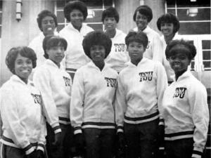 The 1966-67 Tigerbelles in new uniforms - FRONT - Marcella Daniel, Lottie Thomas, Diana Wilson, Mattilene Render, Martha Watson - BACK - Wyomia Tyus, Una Morris, Eleanor Montgomery, Madeline Manning, Estelle Baskerville